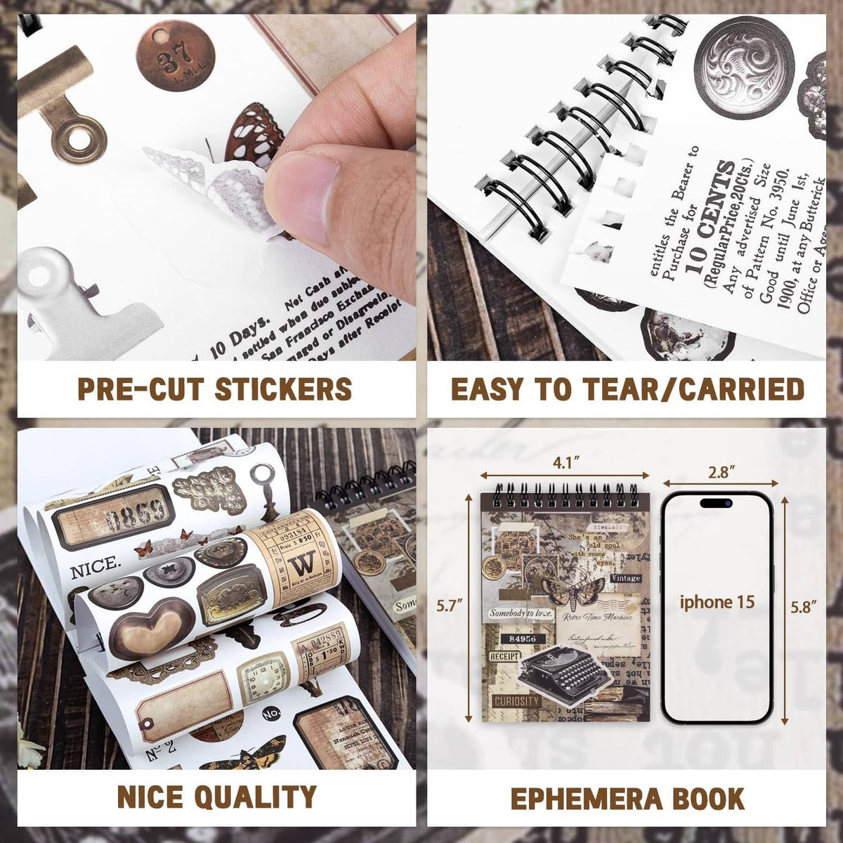 Pre-cut vintage washi stickers with easy tear, notebook size and phone case comparison