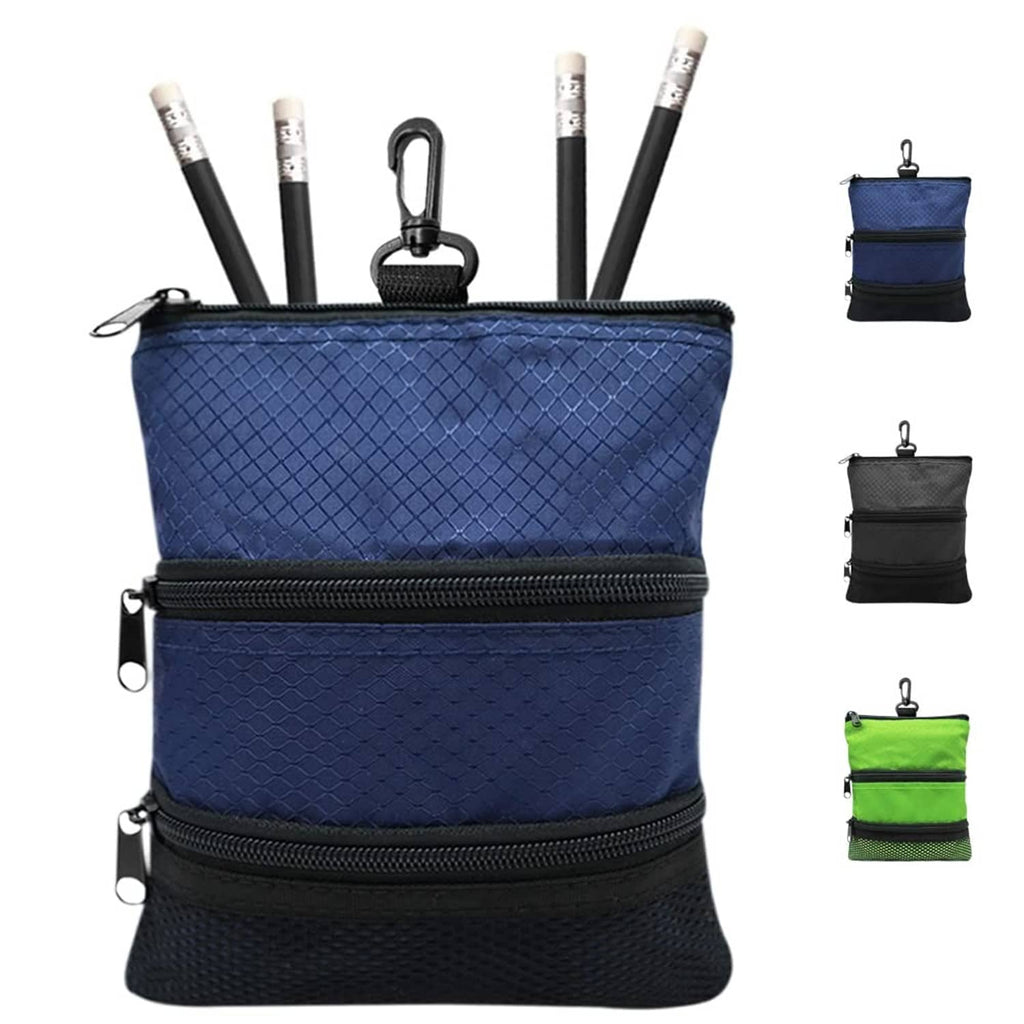 Blue golf valuables pouch bag with double zip compartments and black top loop