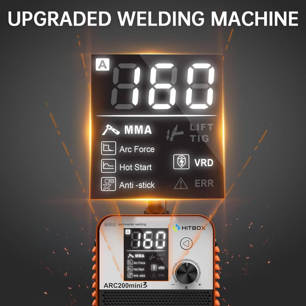 HITBOX HITBOX orange mini welding machine front panel with LED digital display and knob.