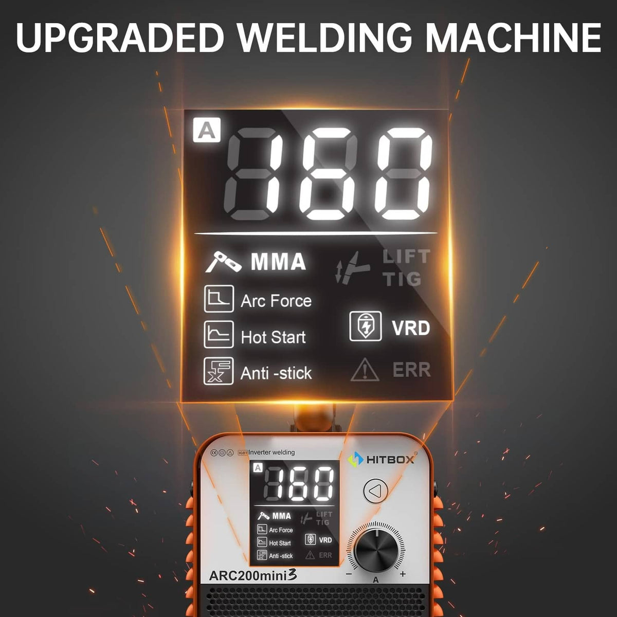 HITBOX HITBOX orange mini welding machine front panel with LED digital display and knob.