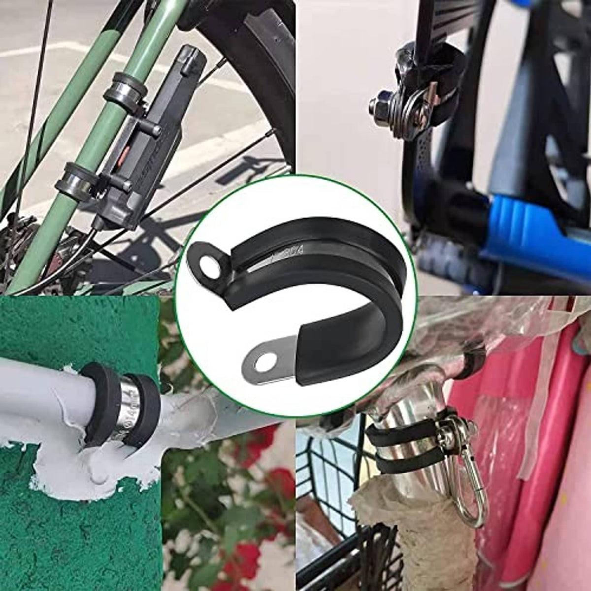 Rubber-coated stainless cable clamp fitted on tubing and a metal frame