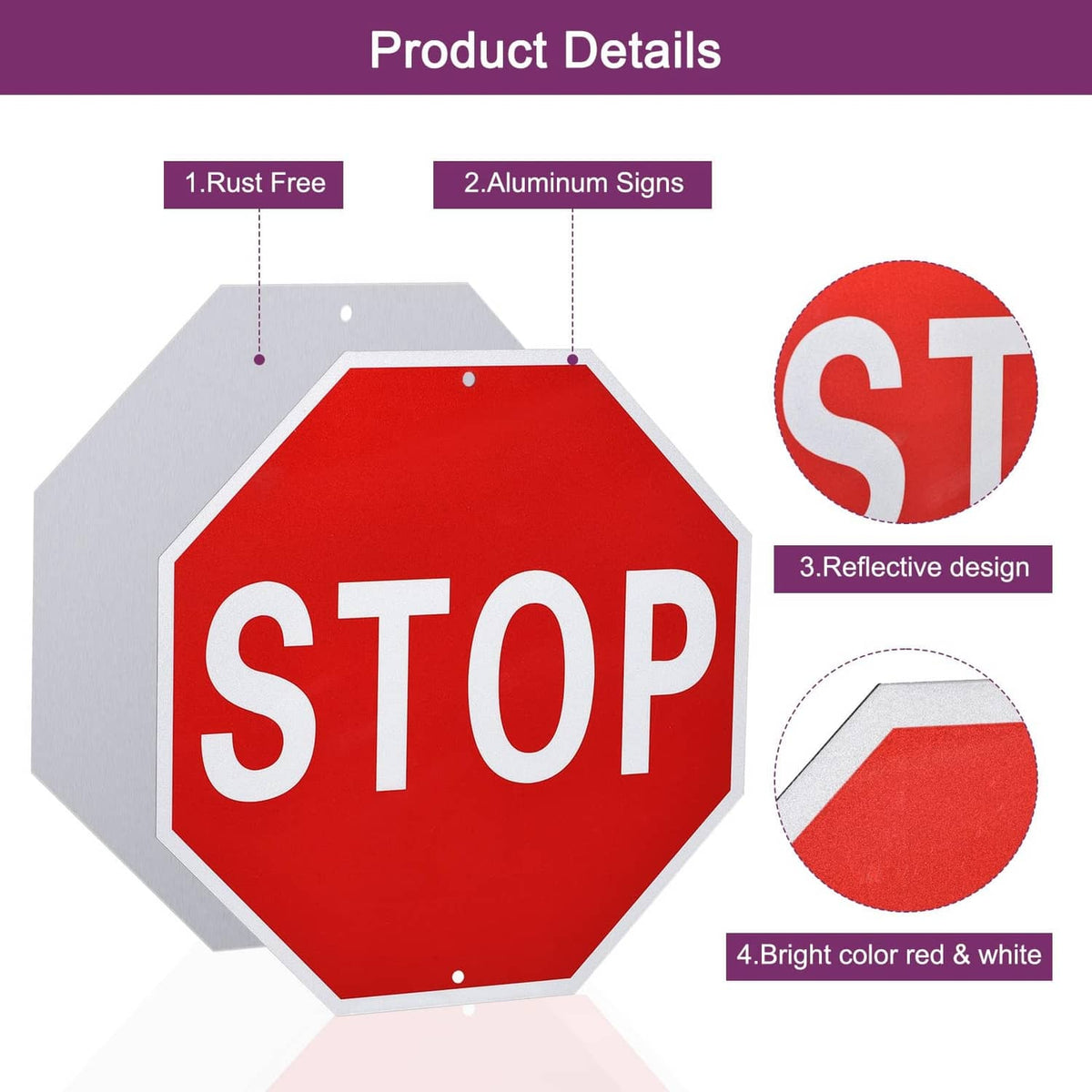 Octagonal red and white stop sign design with STOP text and reflective look