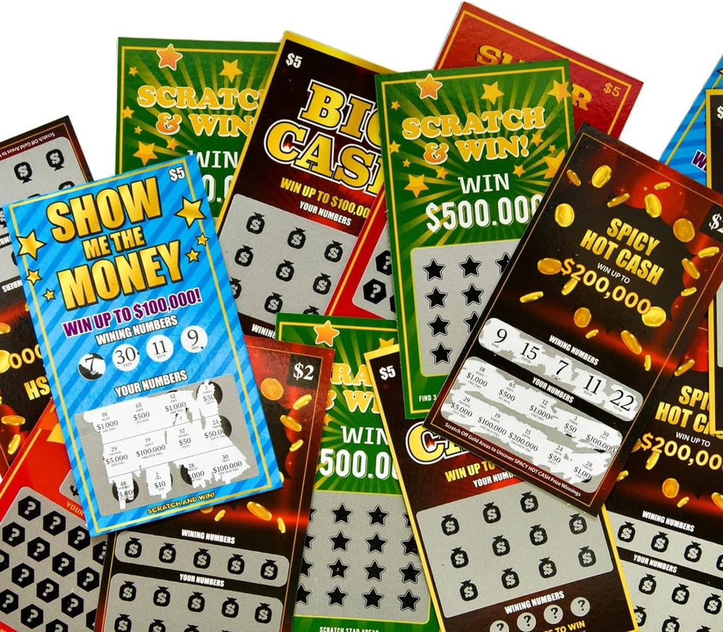 Mixed set of colorful scratch-off lottery tickets fanned together, showing scratch and win areas