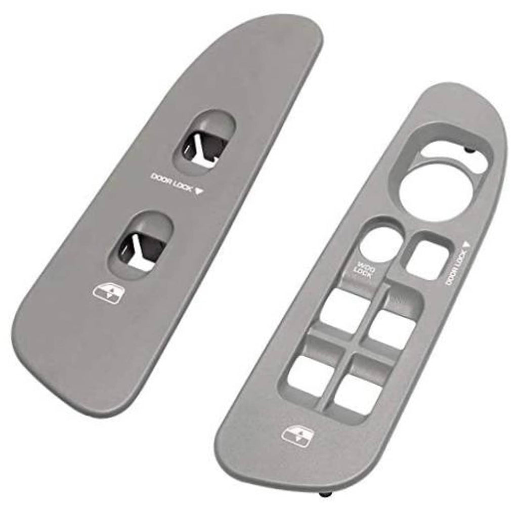 Grey driver-side window switch panel with door lock buttons and control icons