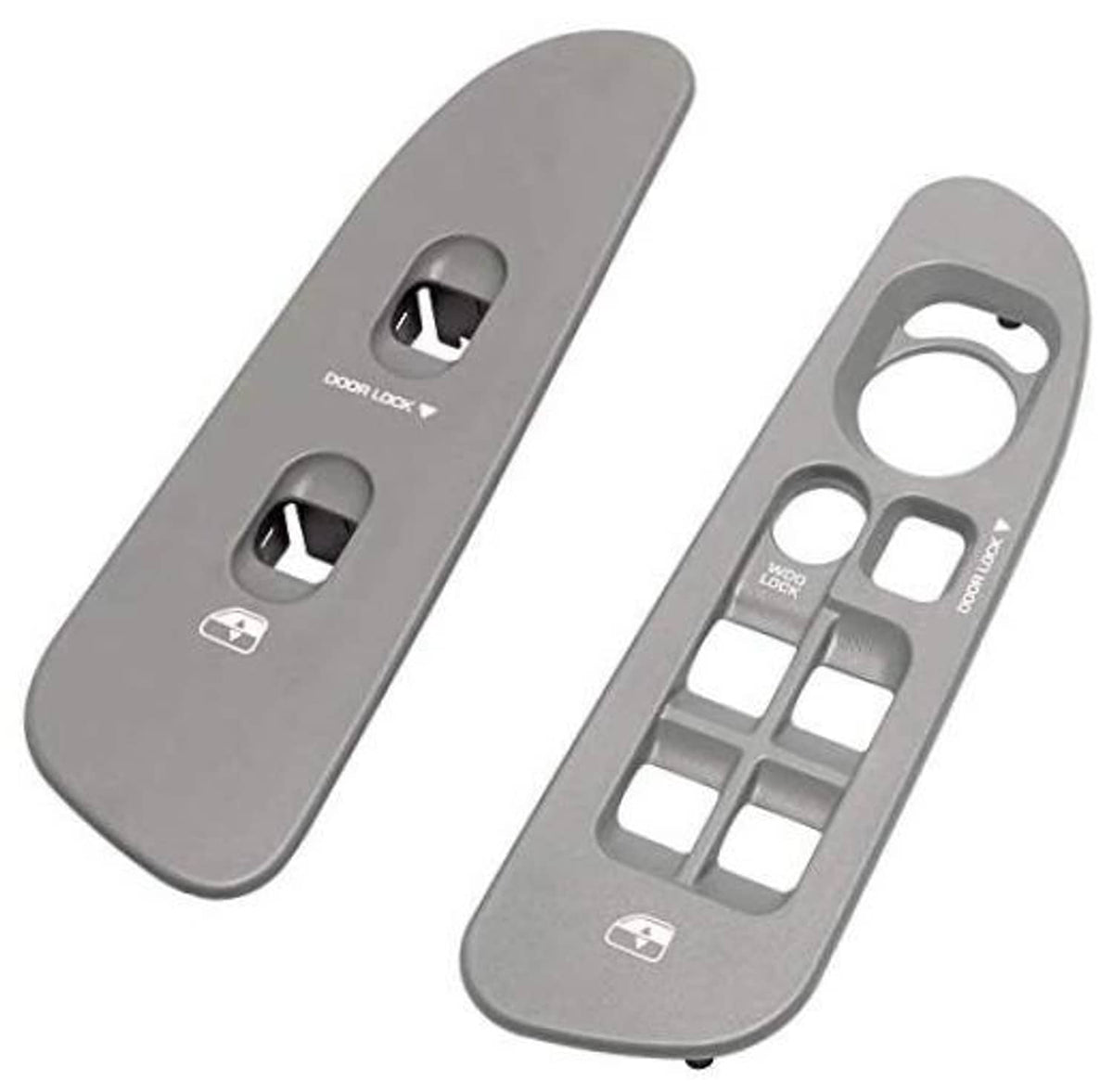 Grey driver-side window switch panel with door lock buttons and control icons