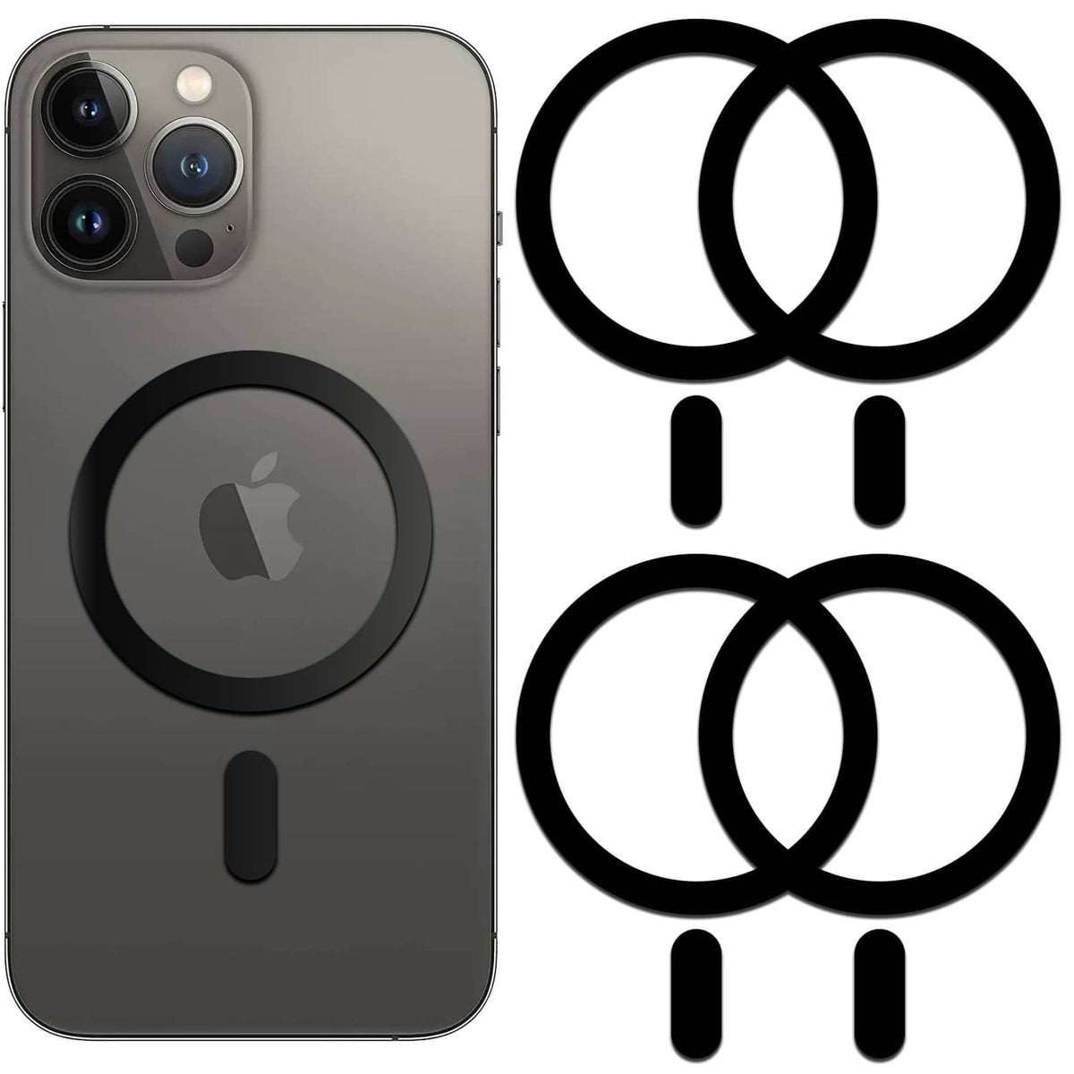 Black circular metal ring sticker on phone back, with accessory icon diagrams