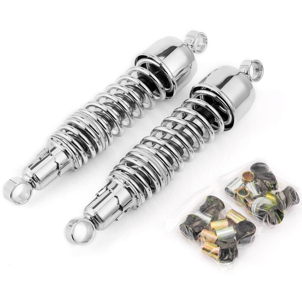 Chrome rear shock absorbers with coiled springs and eyelet ends, with mounting kit