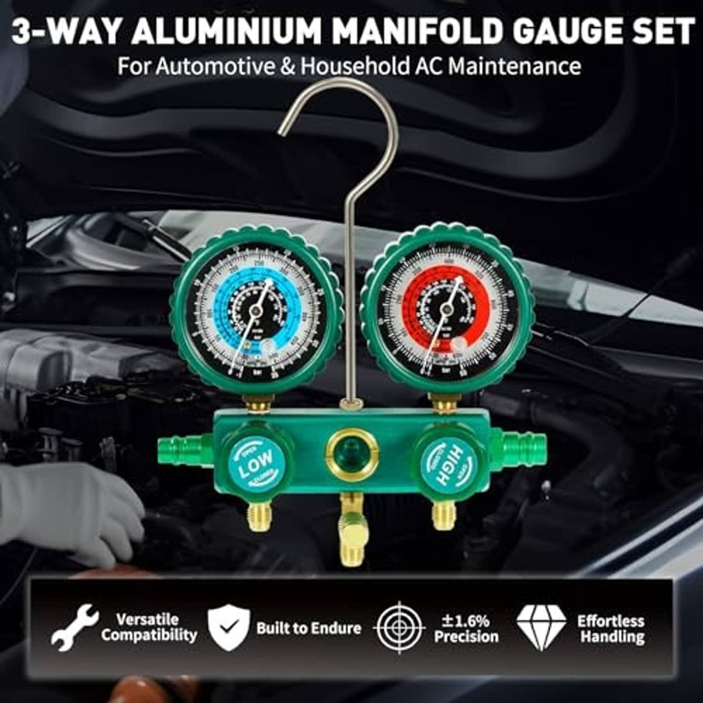 Three-way AC manifold gauge set with green dials, brass ports, and red/blue hoses
