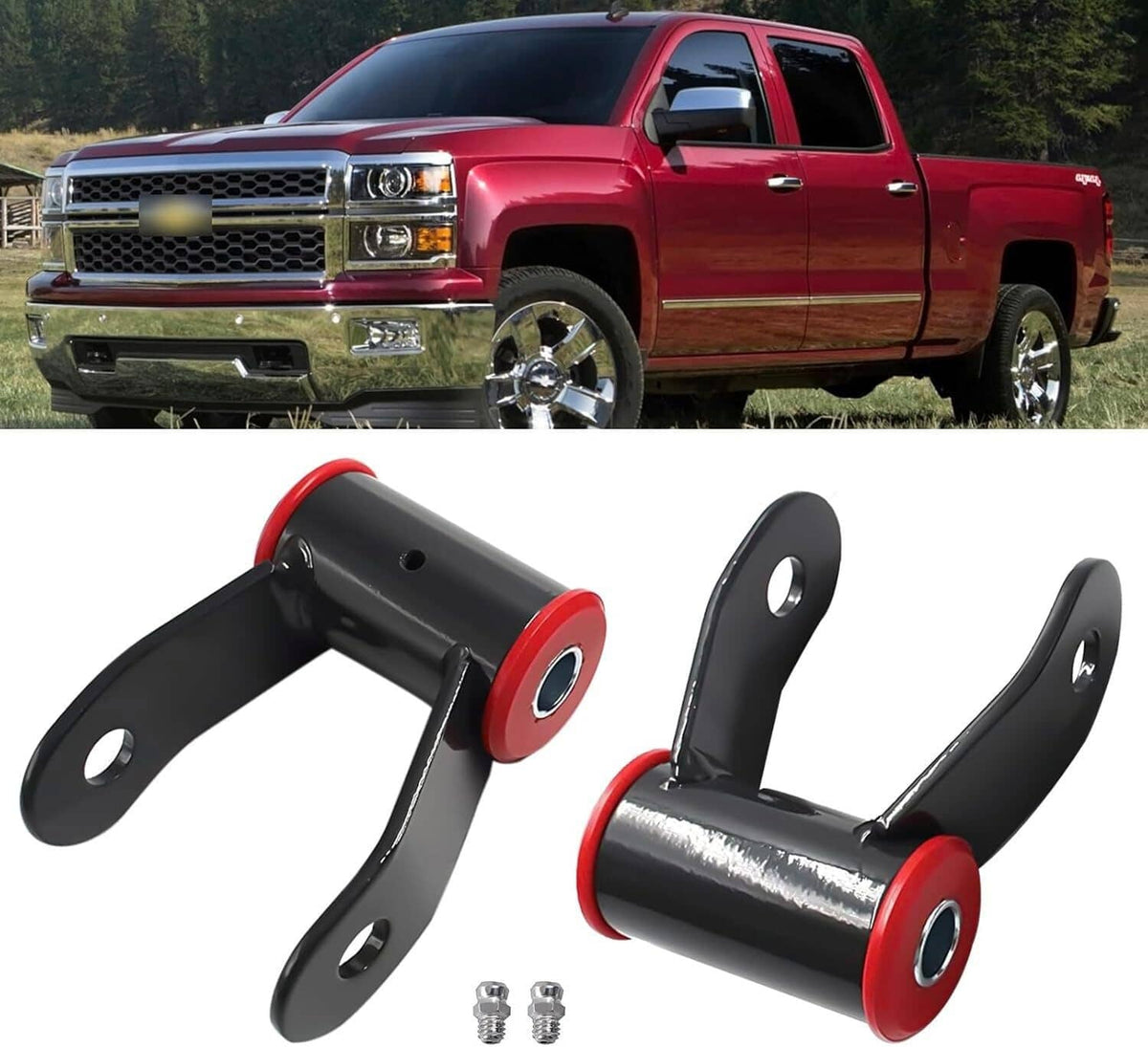 Rear lift shackle pair with black steel arms and red bushings, includes hardware