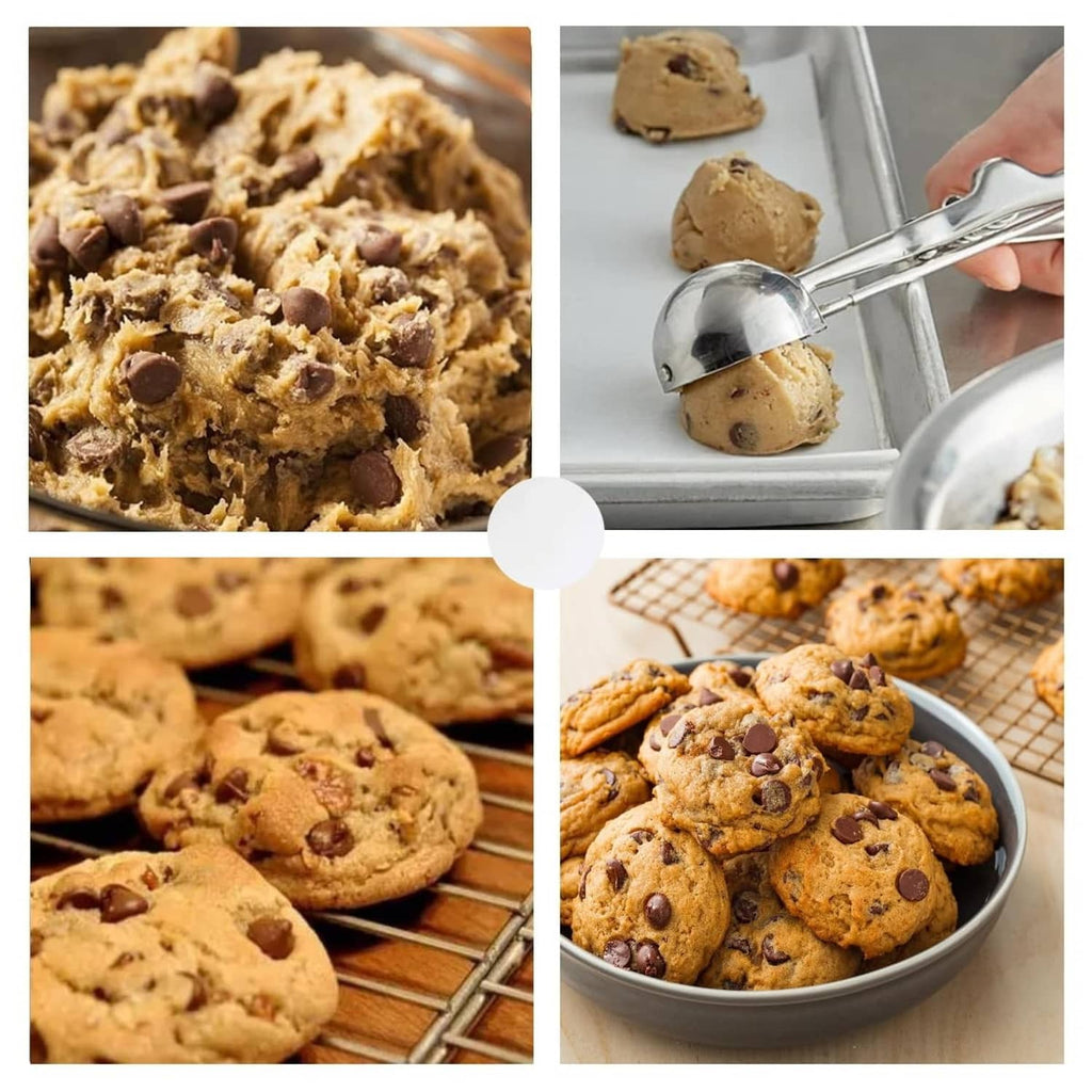Stainless steel cookie scoops portioning dough and scooped cookies