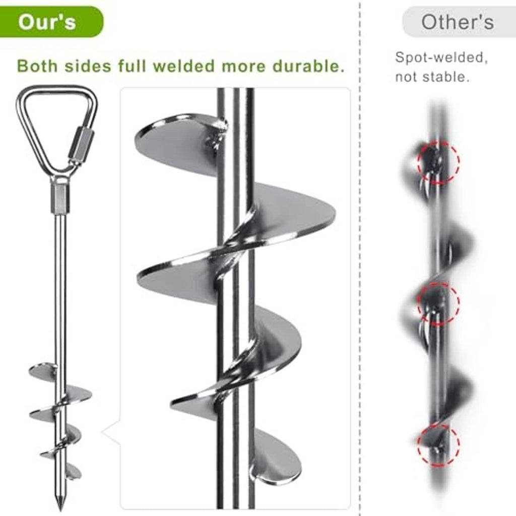 Spiral ground anchor stake with helical auger and U-loop handle, chrome finish.