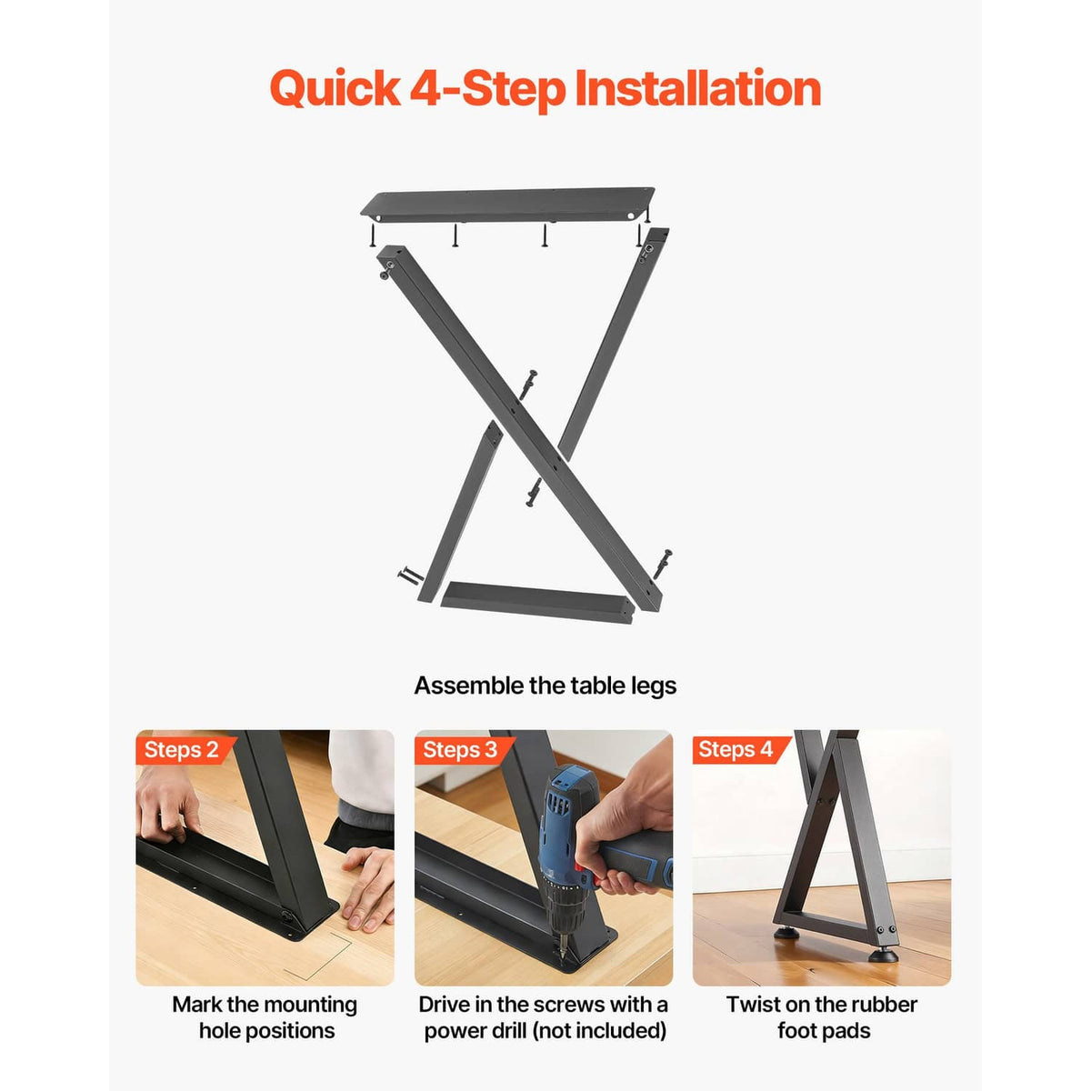 Black X-frame table legs shown during quick assembly with rubber foot pads