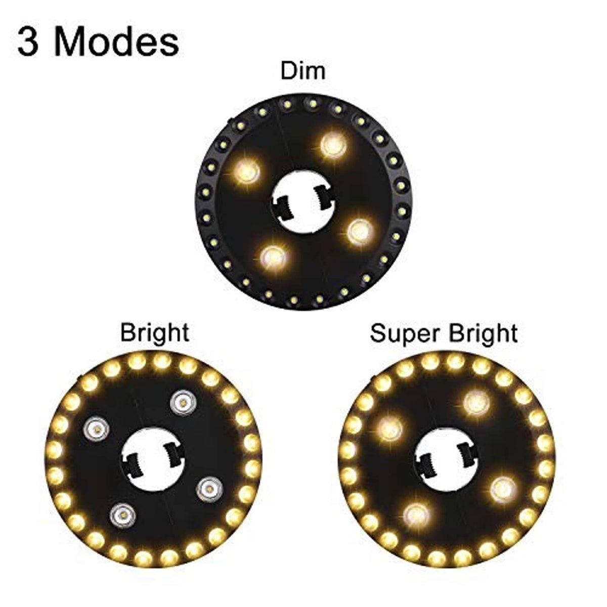 Patio umbrella light showing 3 brightness modes: dim, bright, and super bright