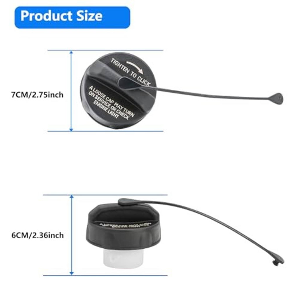 Fuel gas cap size diagram with dimensions, black cap and tethered strap