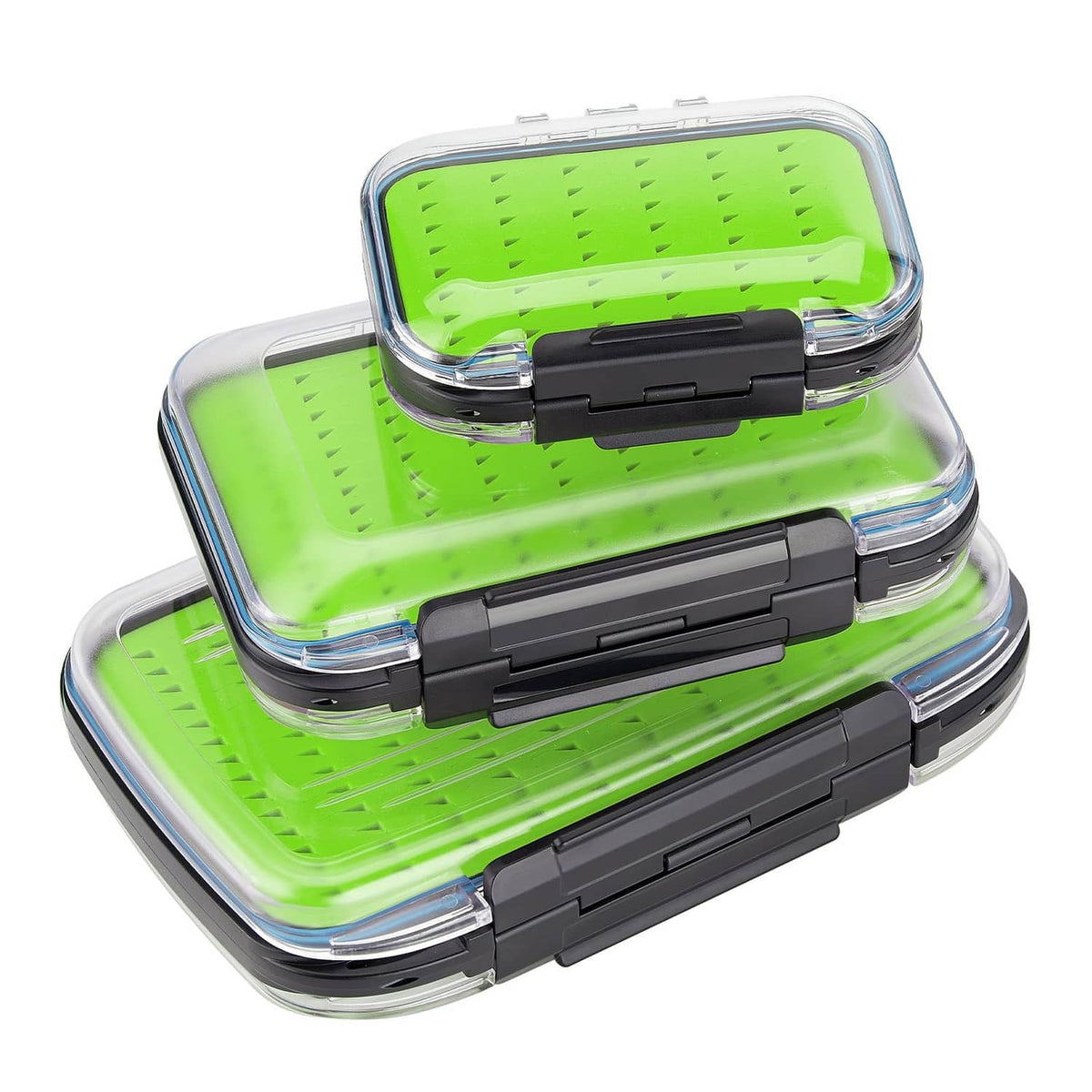 Stacked fly fishing storage boxes with clear hinged lids, black latches, lime foam inserts