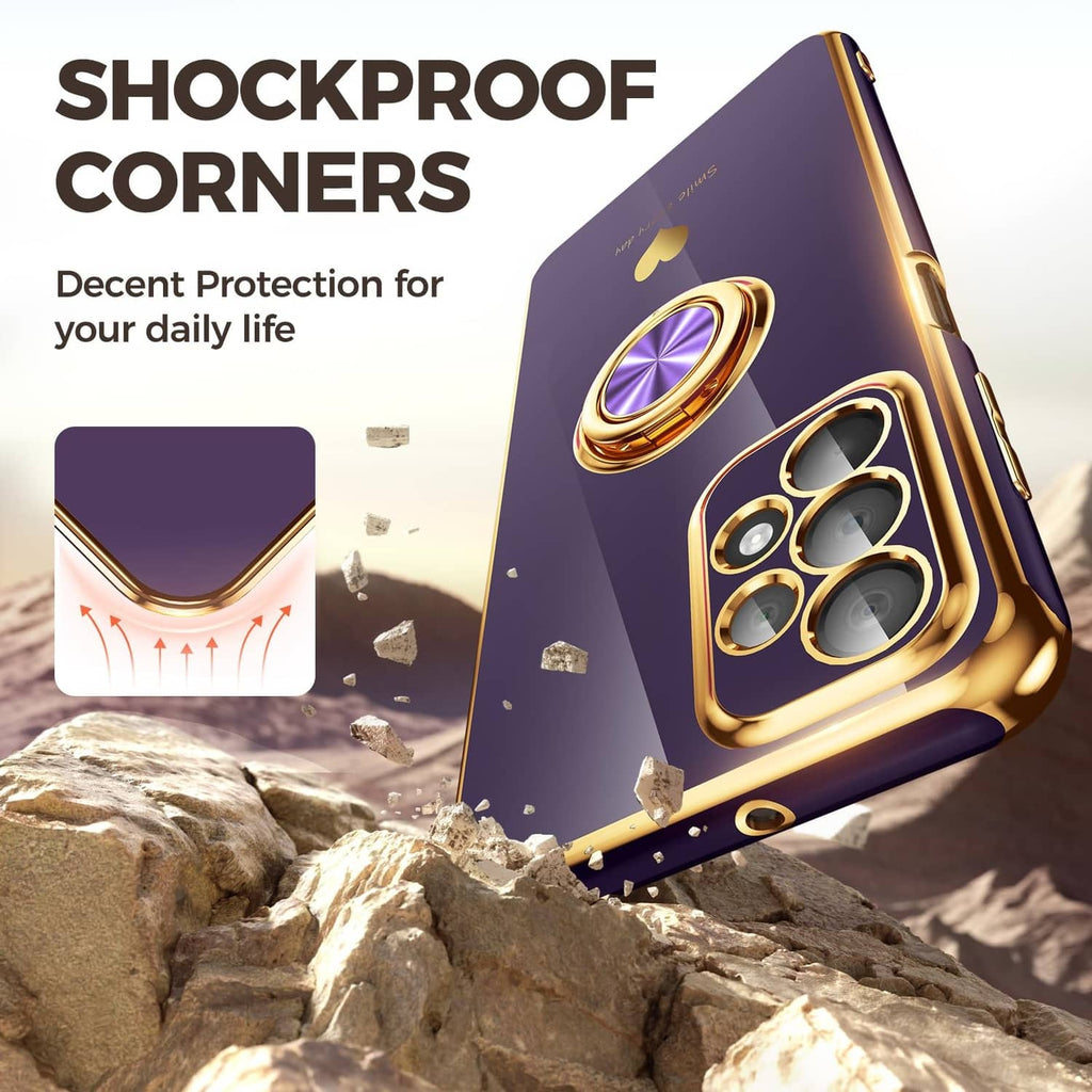 Purple protective phone case with gold-edged camera frame and ring holder