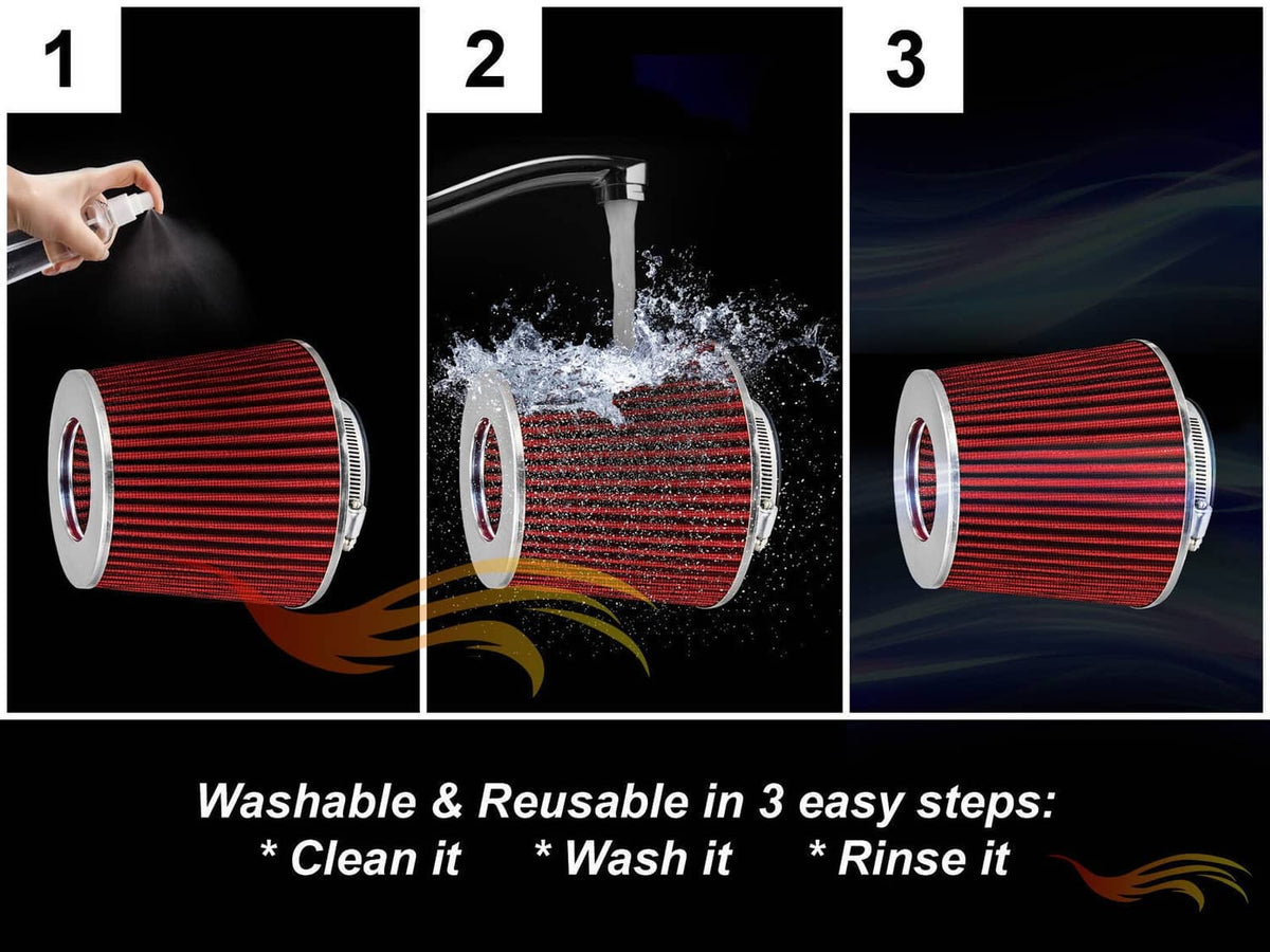Red cone air filter shown with cleaning steps: wash and rinse