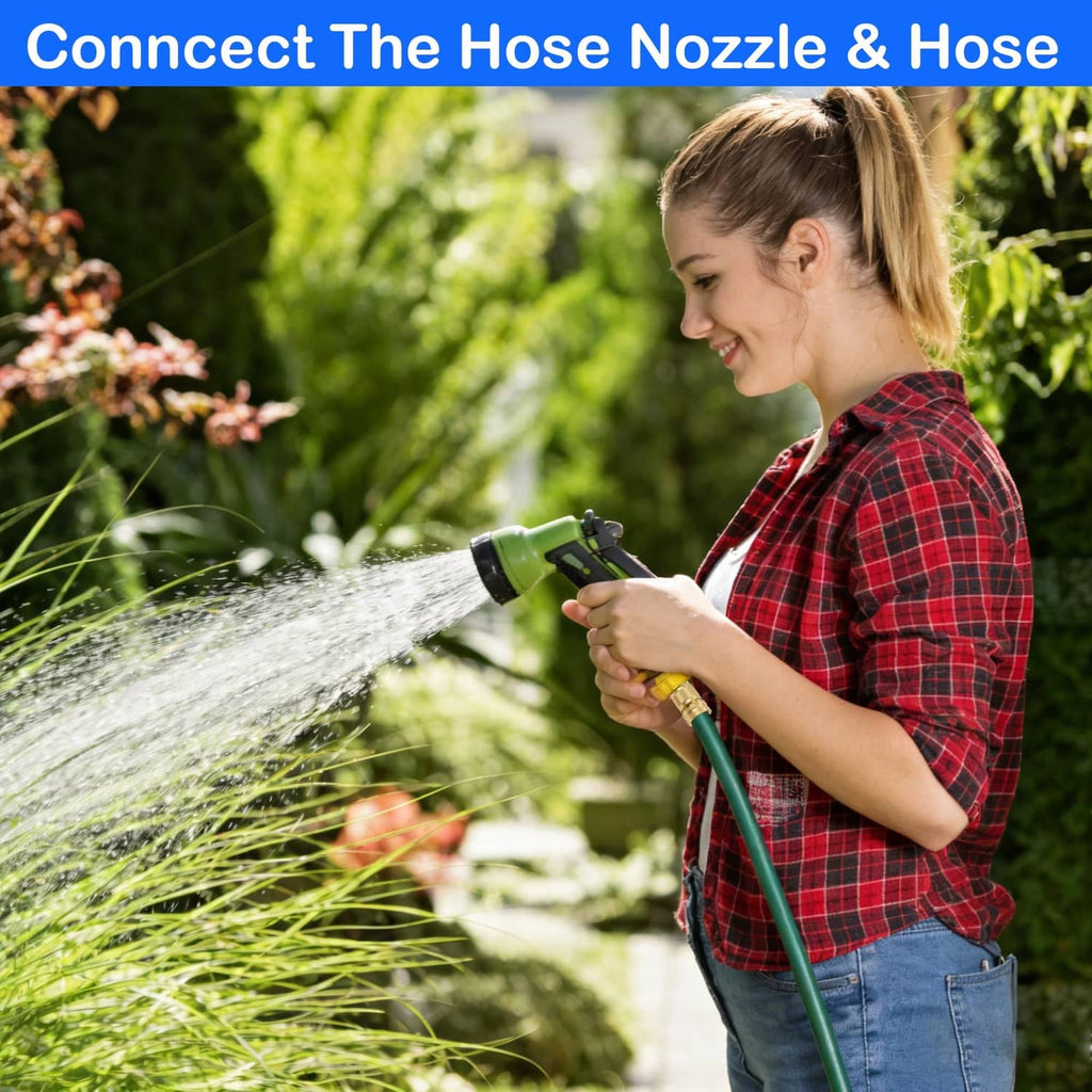 Solid brass quick connector on a green garden hose feeding a spray nozzle