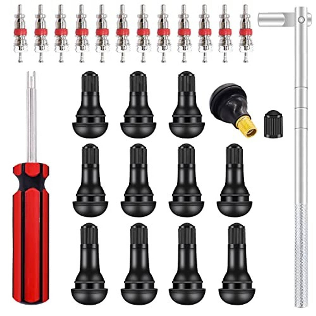 Tire valve stem tool kit with red puller handle, long silver handle, and black valve tips