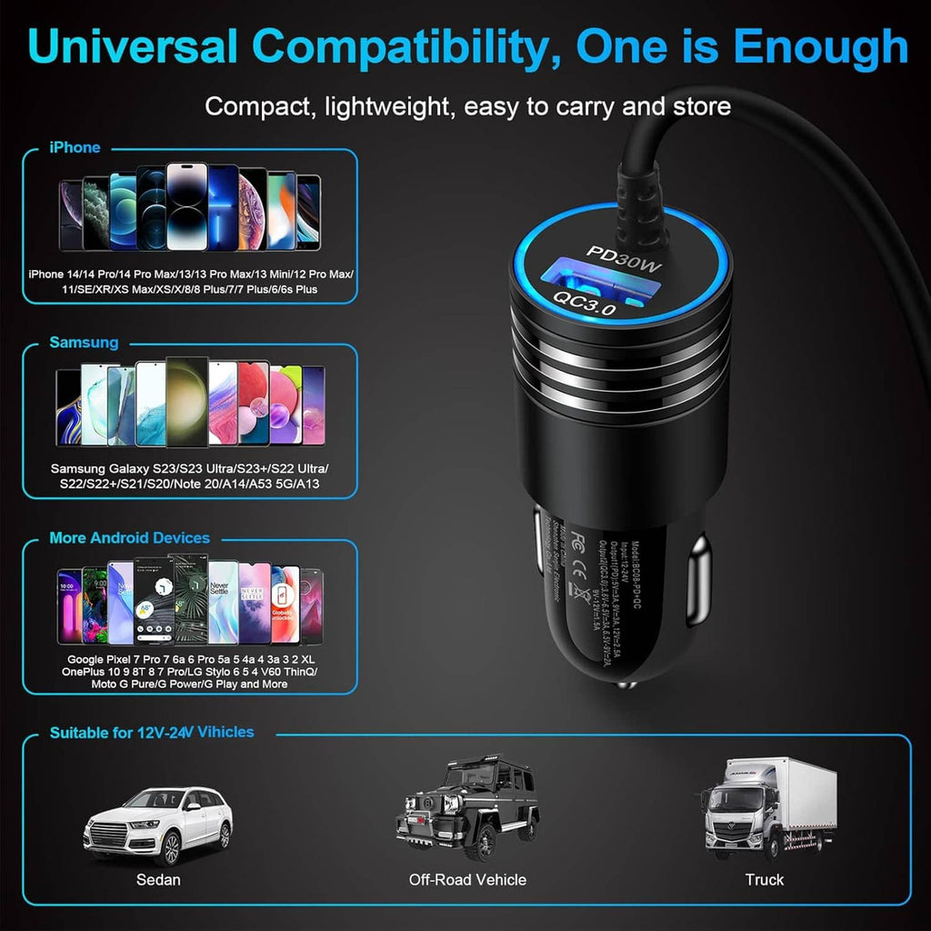 Universal USB-C car fast charger with blue PD30W ring and coiled cable, black body