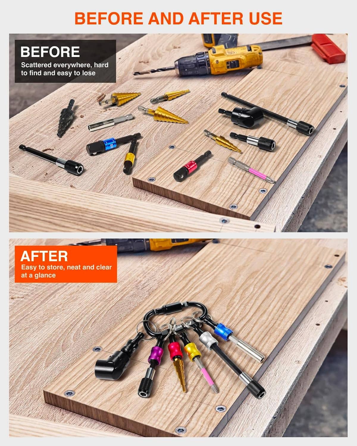 Quick release driver bit keychain holders laid on a wood board before and after use