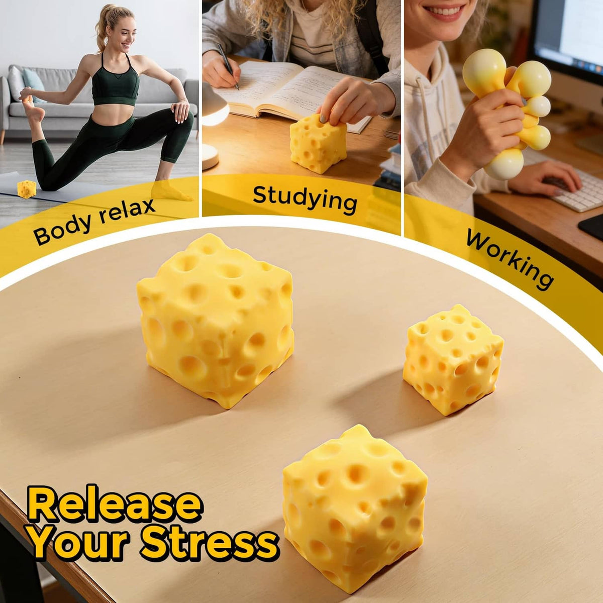 Yellow cheese block squishy stress toy on tabletop, three cubes arranged