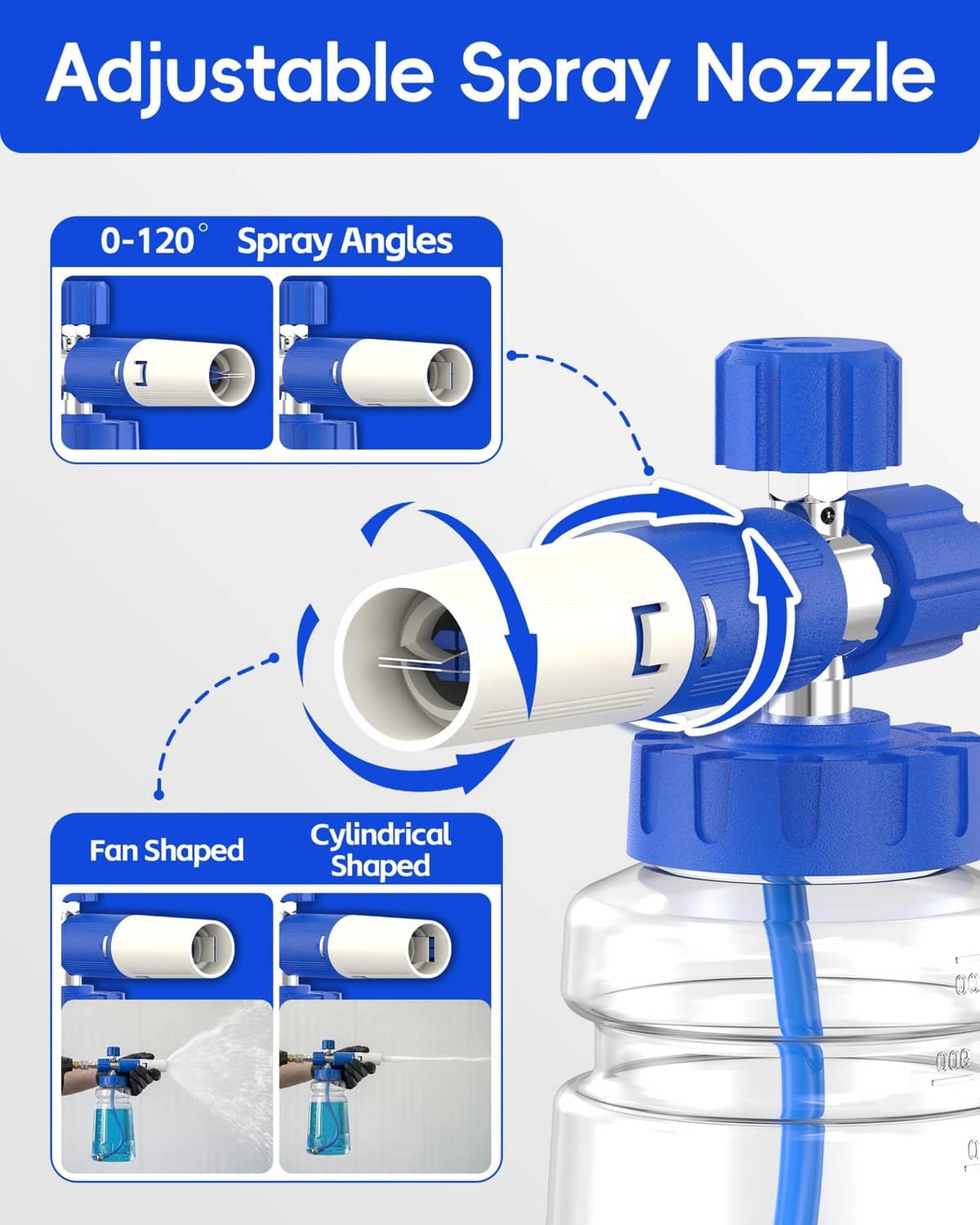 Blue foam cannon with adjustable spray nozzle for fan-shaped spray angles