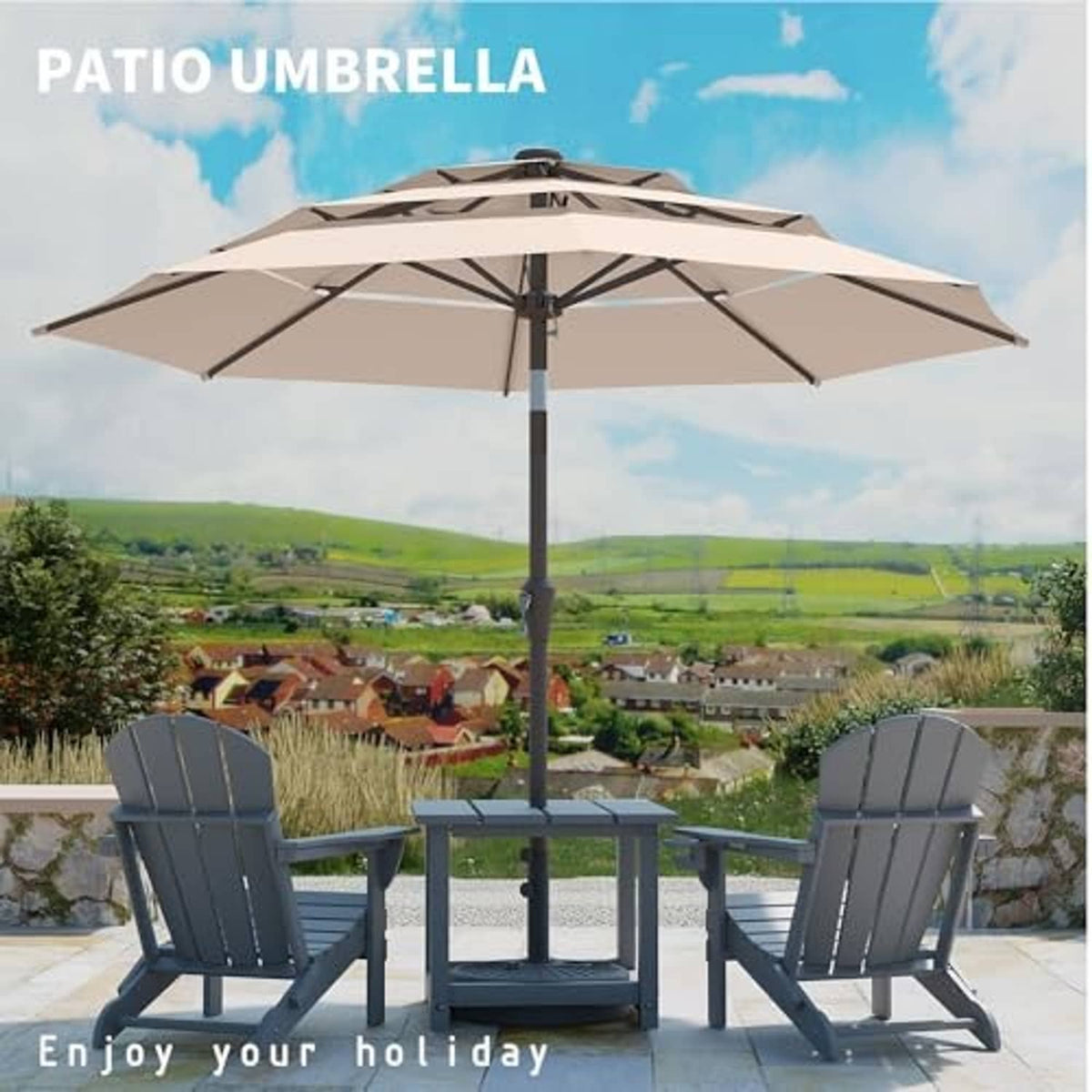 Beige 3-tier patio umbrella with push pole and black frame, open canopy