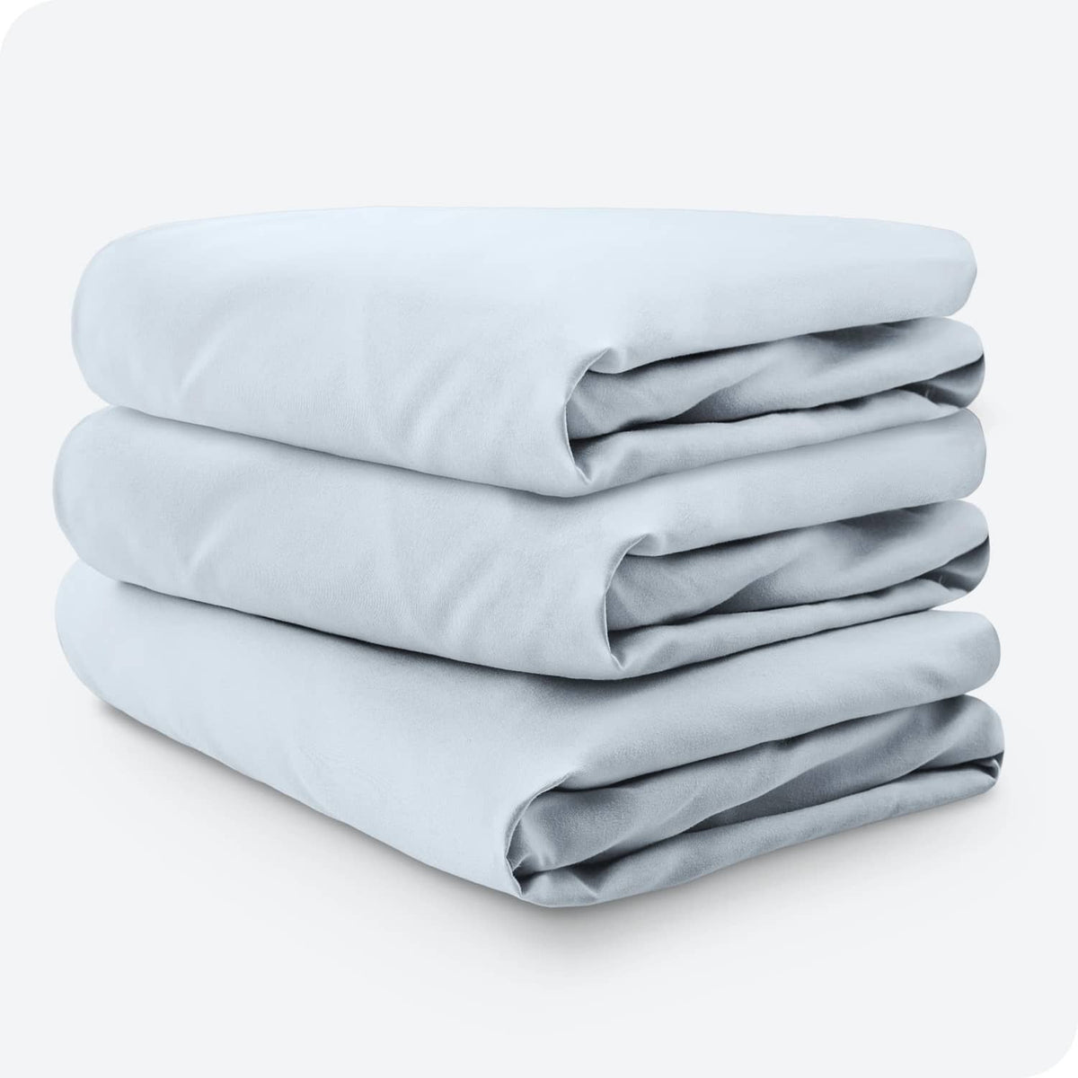 Stack of light sky blue crib fitted sheets with smooth microfiber folds