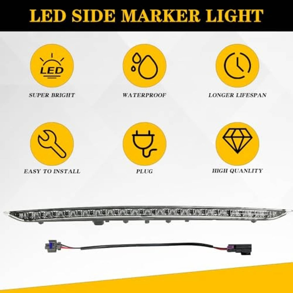 LED side marker style strip light bar with clear lens, wiring harness, and connectors.