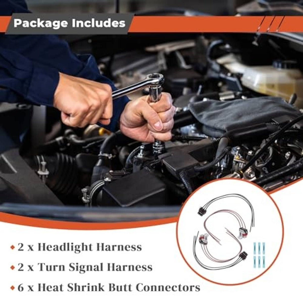 Truck headlight and turn signal wiring harness kit, shown with installation wrench and connectors