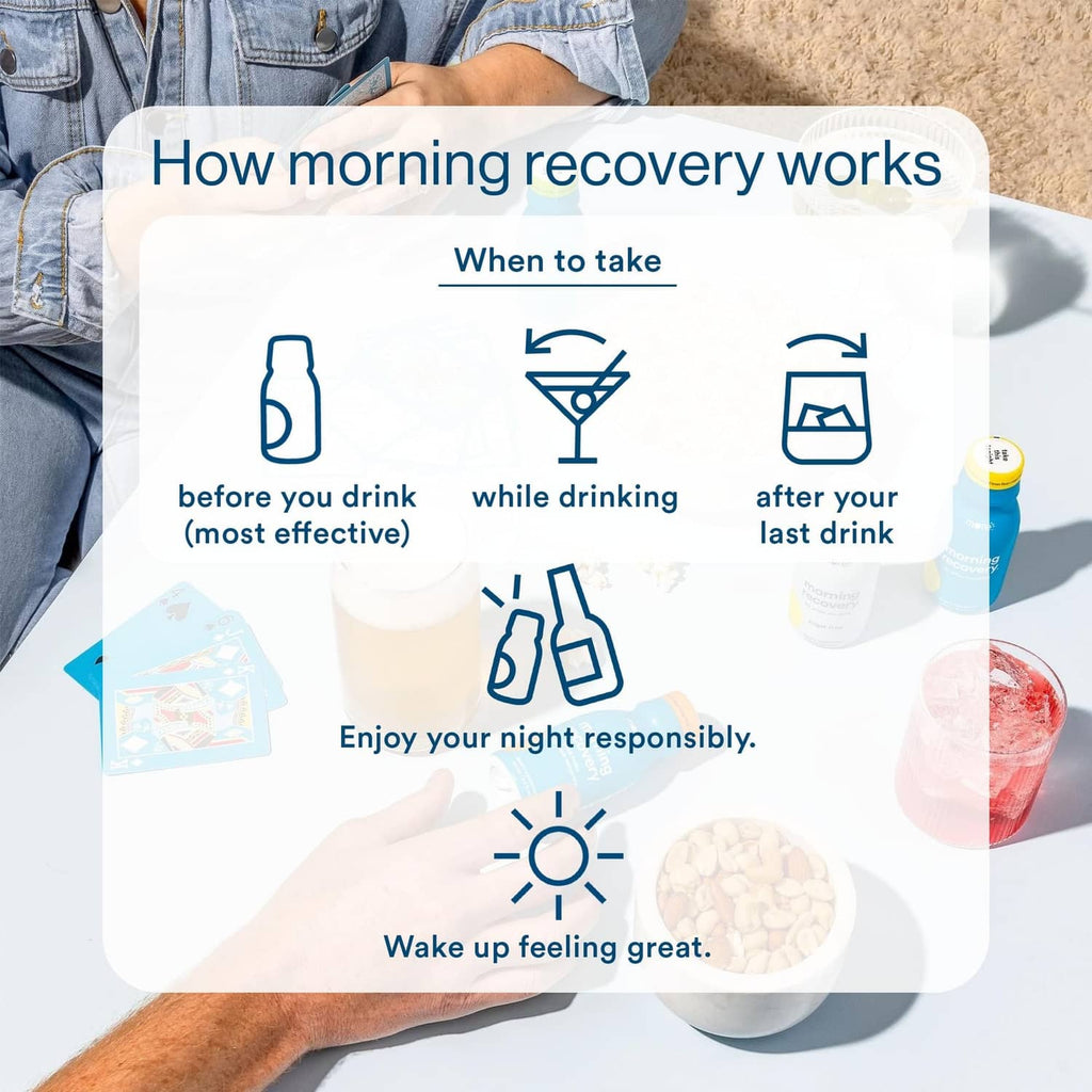 Teal electrolyte drink bottle held near how-it-works infographic card