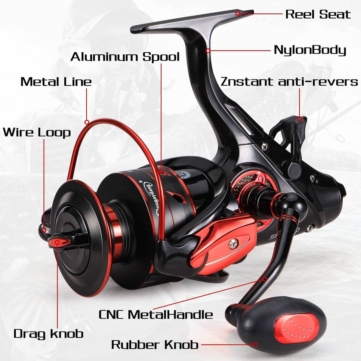 Black and red spinning reel with detailed handle and drag knob components