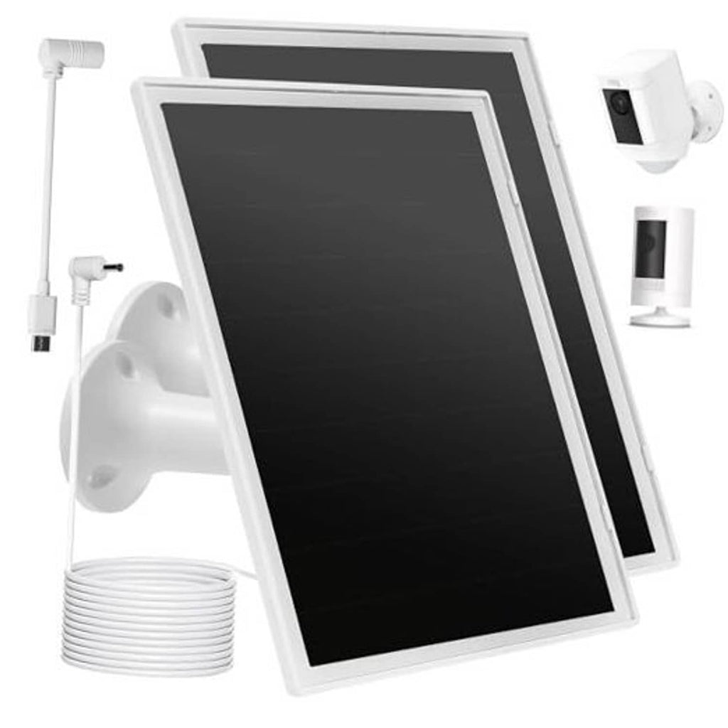 White solar panel charger with wall mount and black solar panel for outdoor cameras