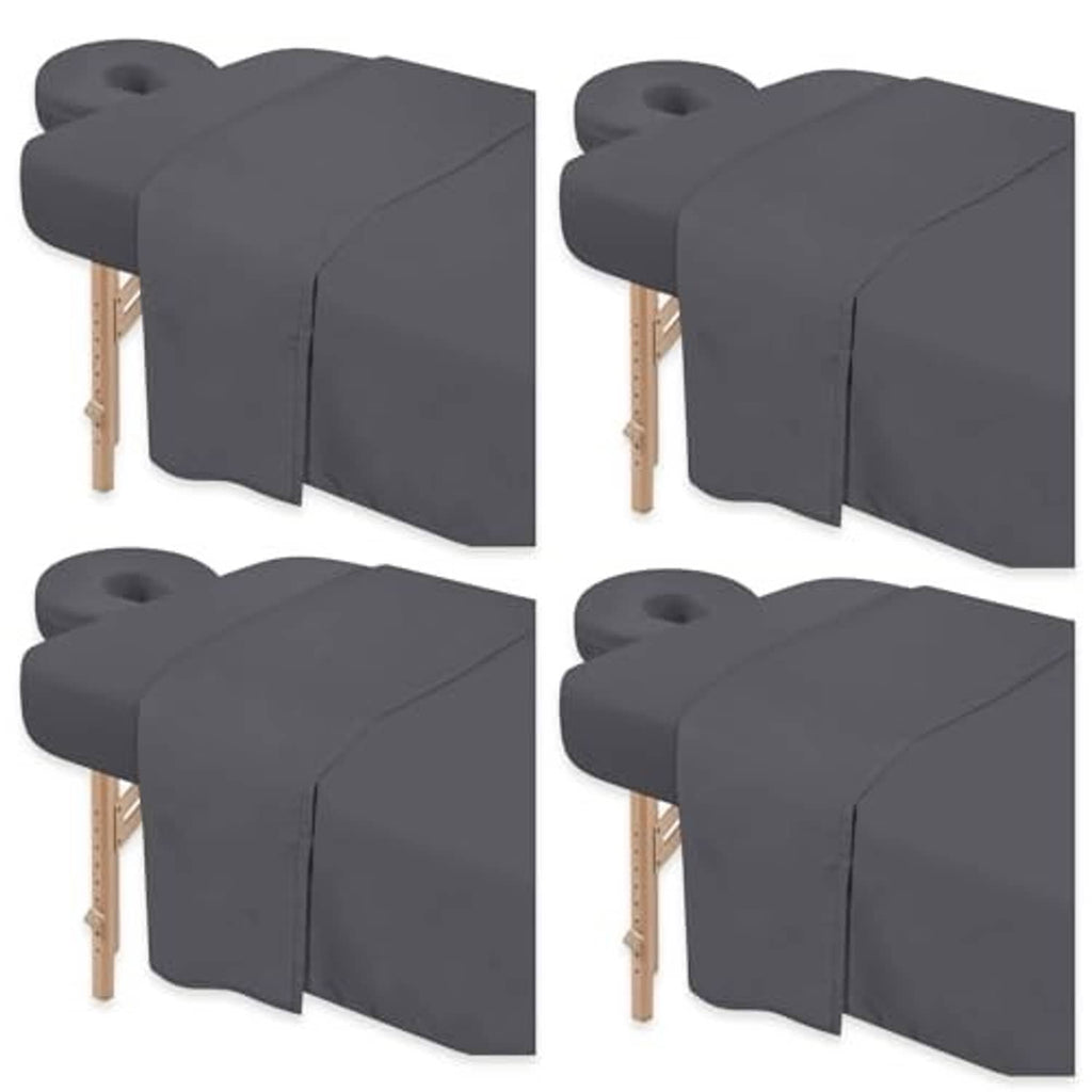 Gray microfiber massage table sheets set with attached headrest and face cover, 4-pack