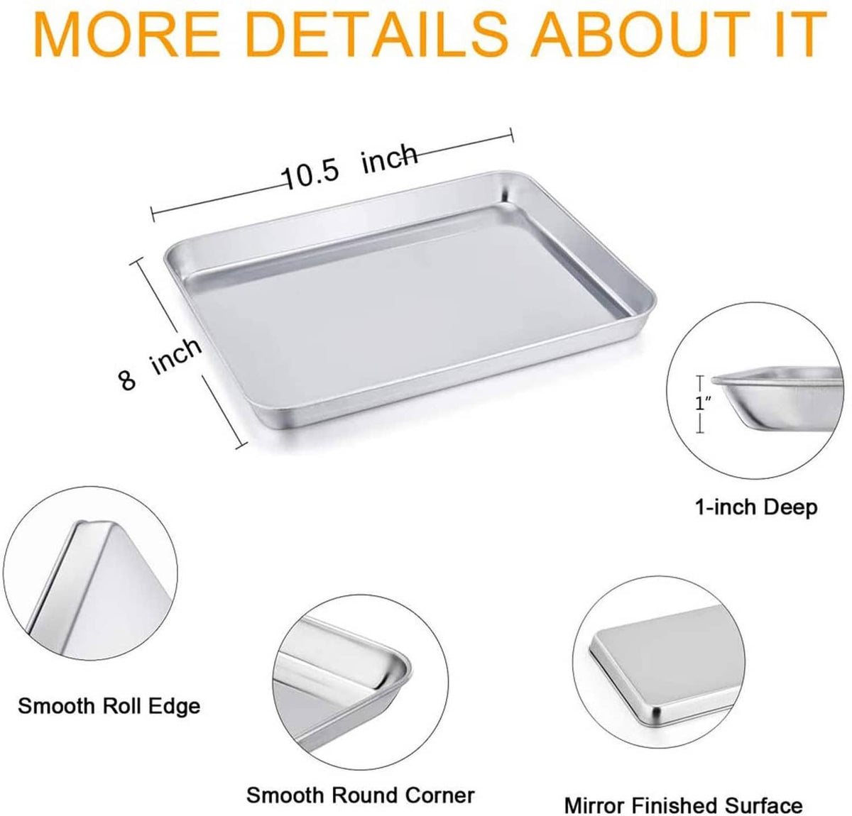 Stainless steel toaster oven pan tray with smooth rounded corners and mirror-finish surface