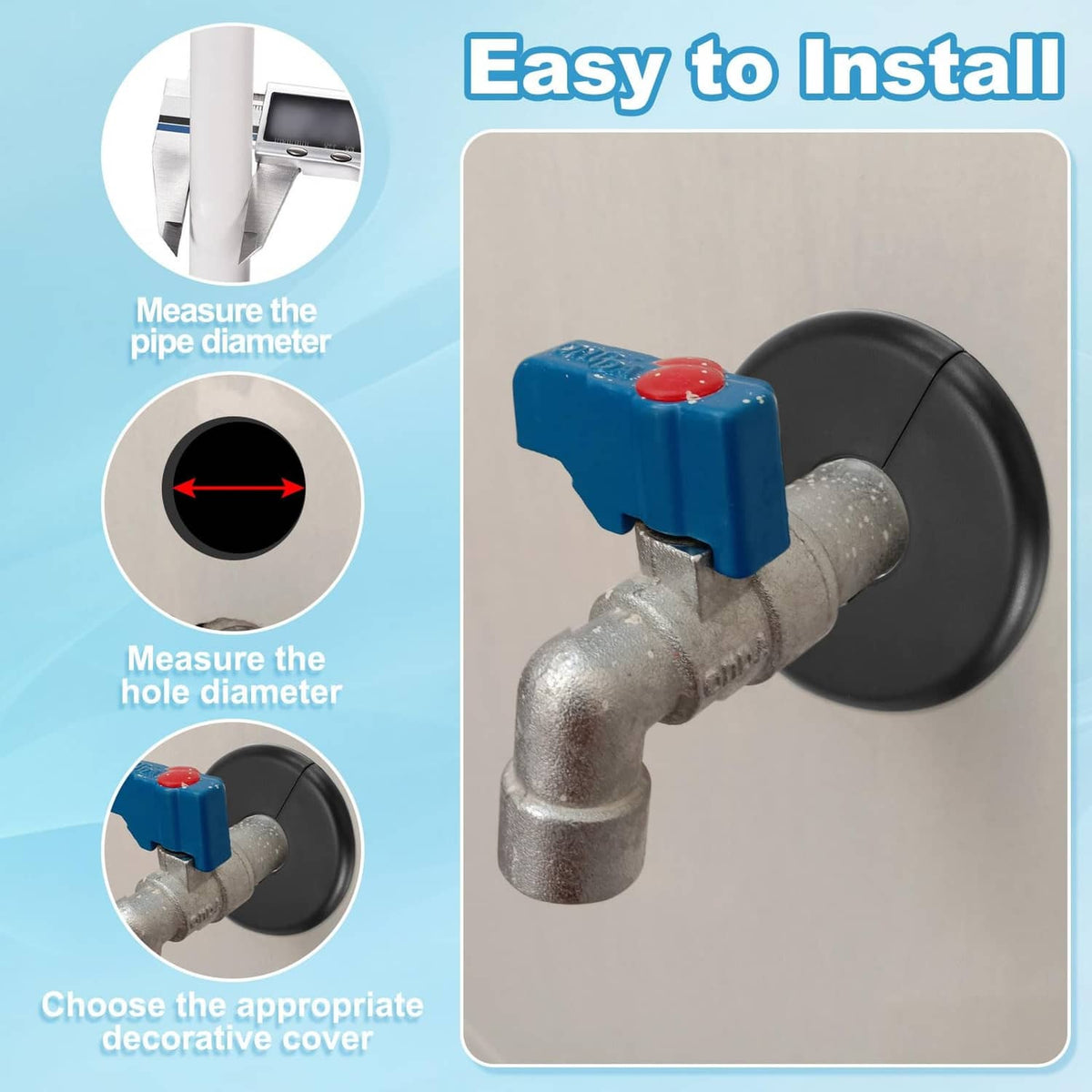 Black round flange cover fitted around a wall-mounted pipe