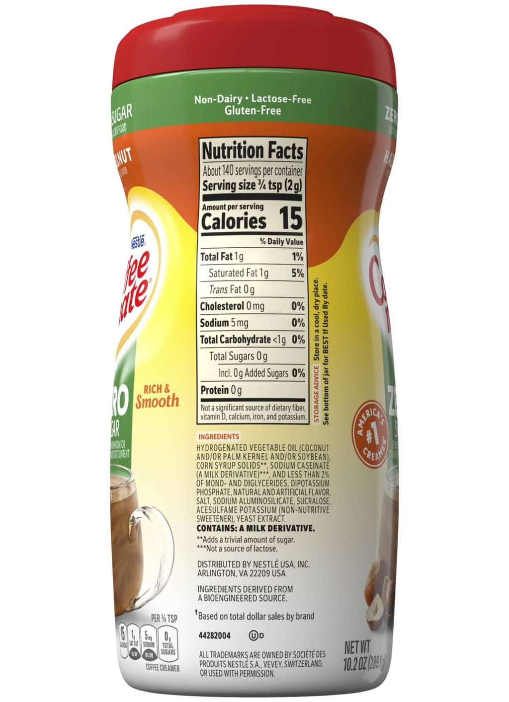 Coffee-mate Zero Sugar Hazelnut creamer bottle, back Nutrition Facts panel