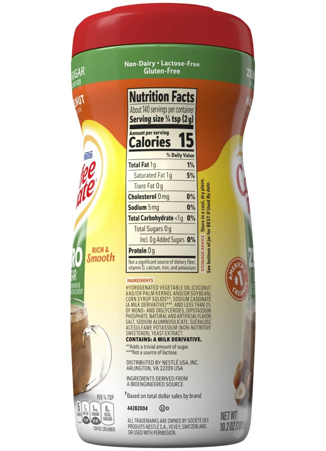 Coffee-mate Zero Sugar Hazelnut creamer bottle, back Nutrition Facts panel