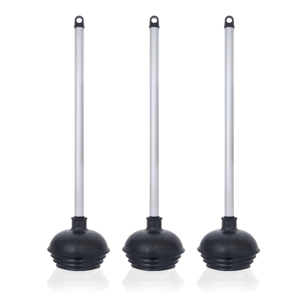 Toilet plunger set of 3 with silver aluminum handles and black rubber plungers