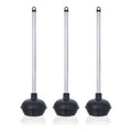 Toilet plunger set of 3 with silver aluminum handles and black rubber plungers