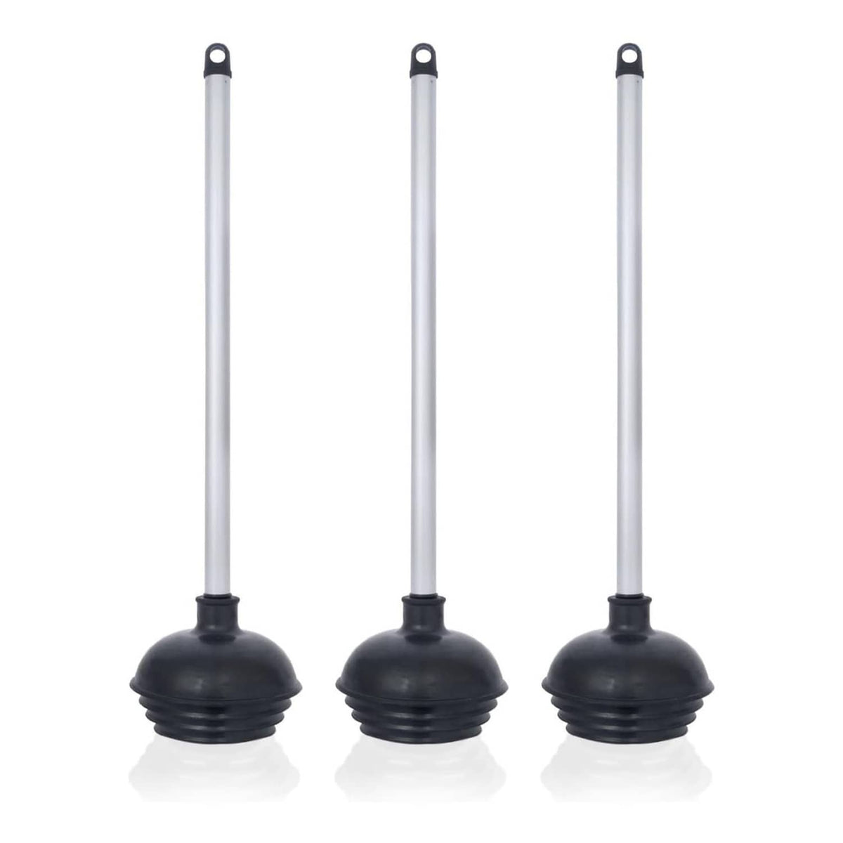 Toilet plunger set of 3 with silver aluminum handles and black rubber plungers