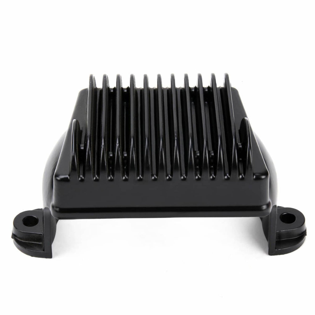 Black voltage regulator rectifier with ribbed top and two side mounting points