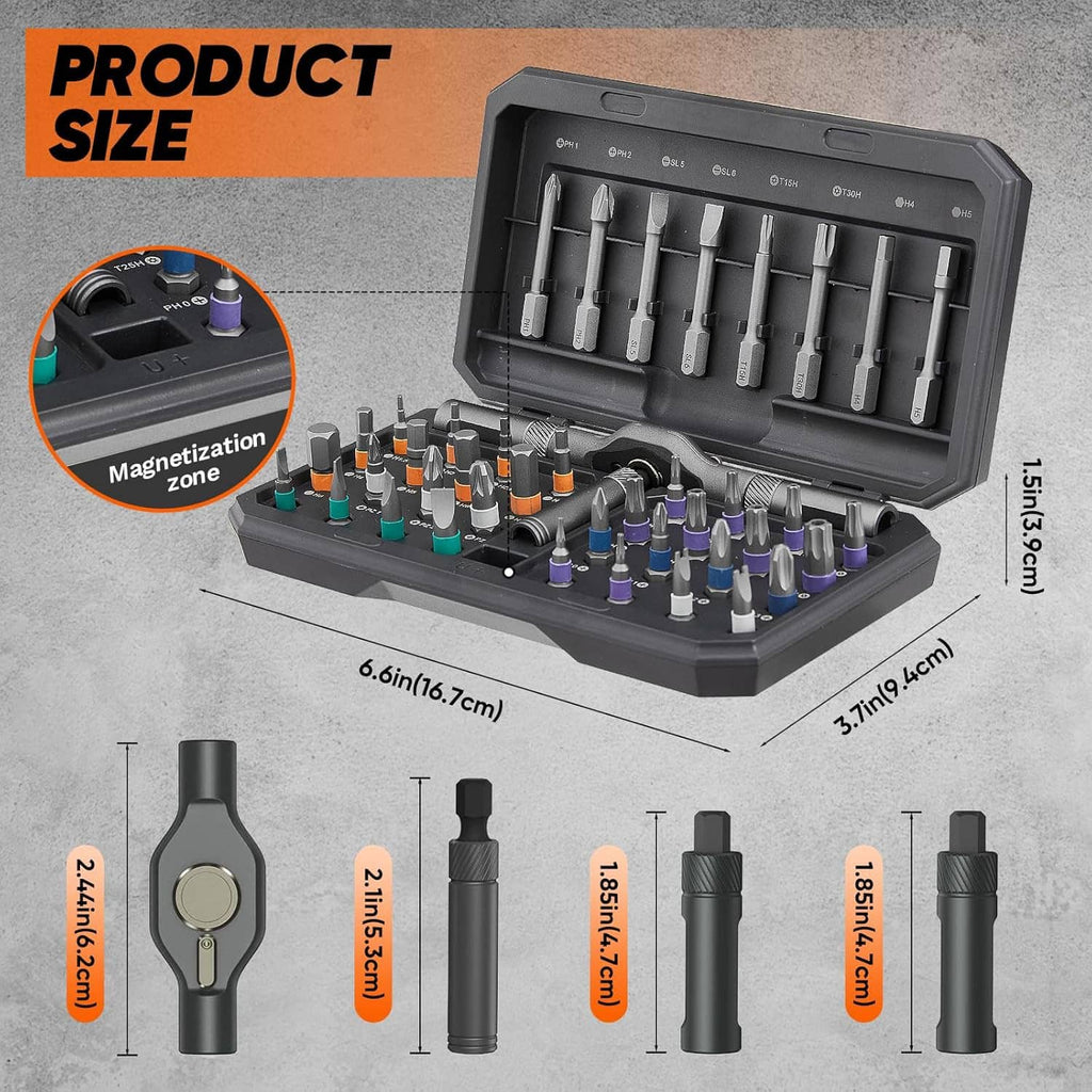 Open screwdriver case with assorted hex bits and T-handle, size diagram view