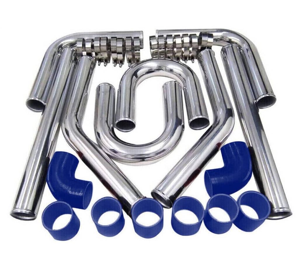 Polished aluminum intercooler piping kit with blue silicone couplers and clamp kit