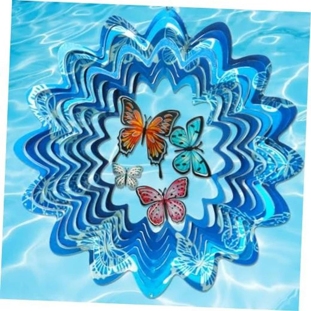 Blue 3D wind spinner with four colorful butterflies on a stainless-steel starburst