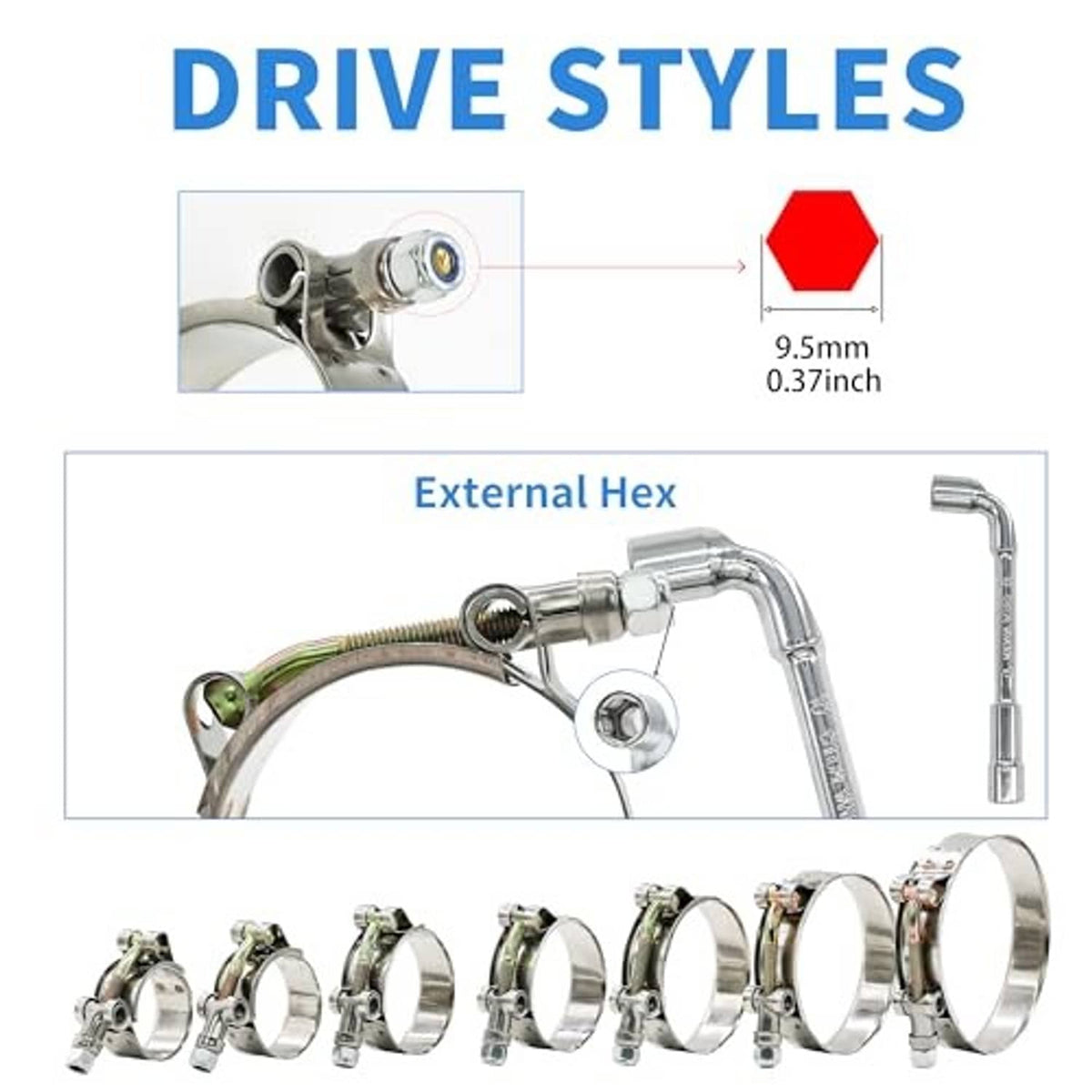 T-bolt clamp drive style chart, external hex with 9.5 mm (0.37 in) measurement