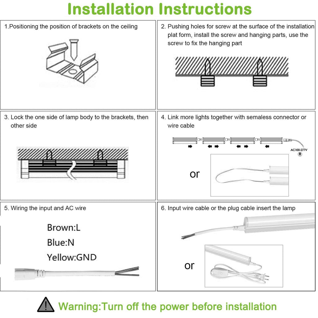 LED tube light installation components with input wire and plug shown