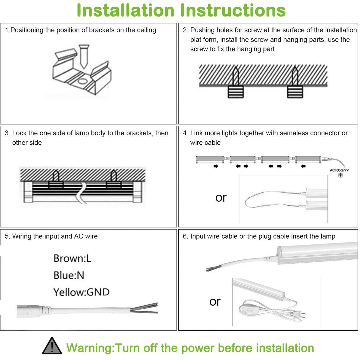 LED tube light installation components with input wire and plug shown