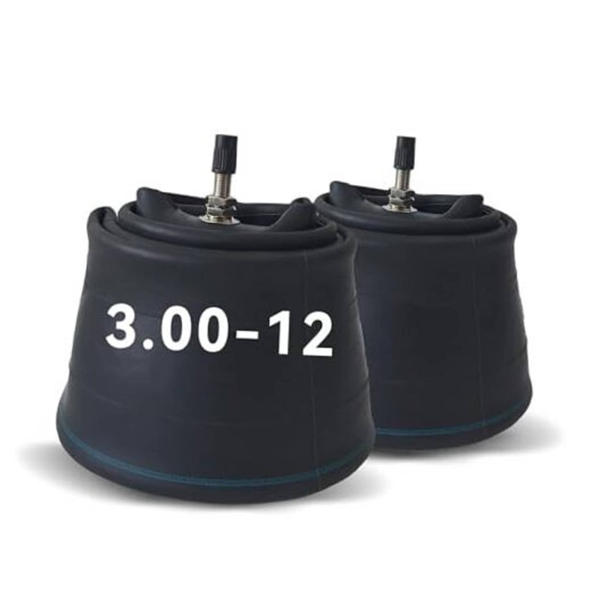 Pair of 3.00-12 dirt bike inner tubes, black rubber, straight valve stems